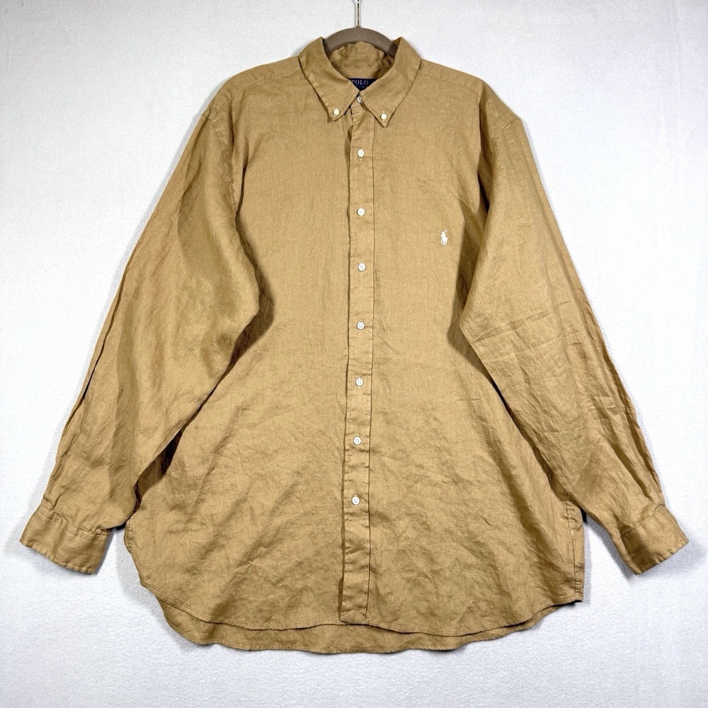 Polo Ralph Lauren Linen Shirt Mens XLT 100% Linen Tan Pony Logo Long Sleeve